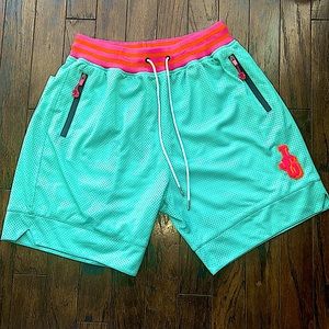 John Geiger chenille basketball shorts - teal/peach - size Large